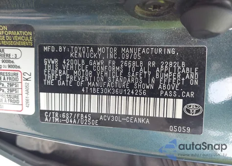 2006 Toyota Camry Le/Xle/Se z USA, uszkodzony, nr VIN 4T1BE30K36U124256